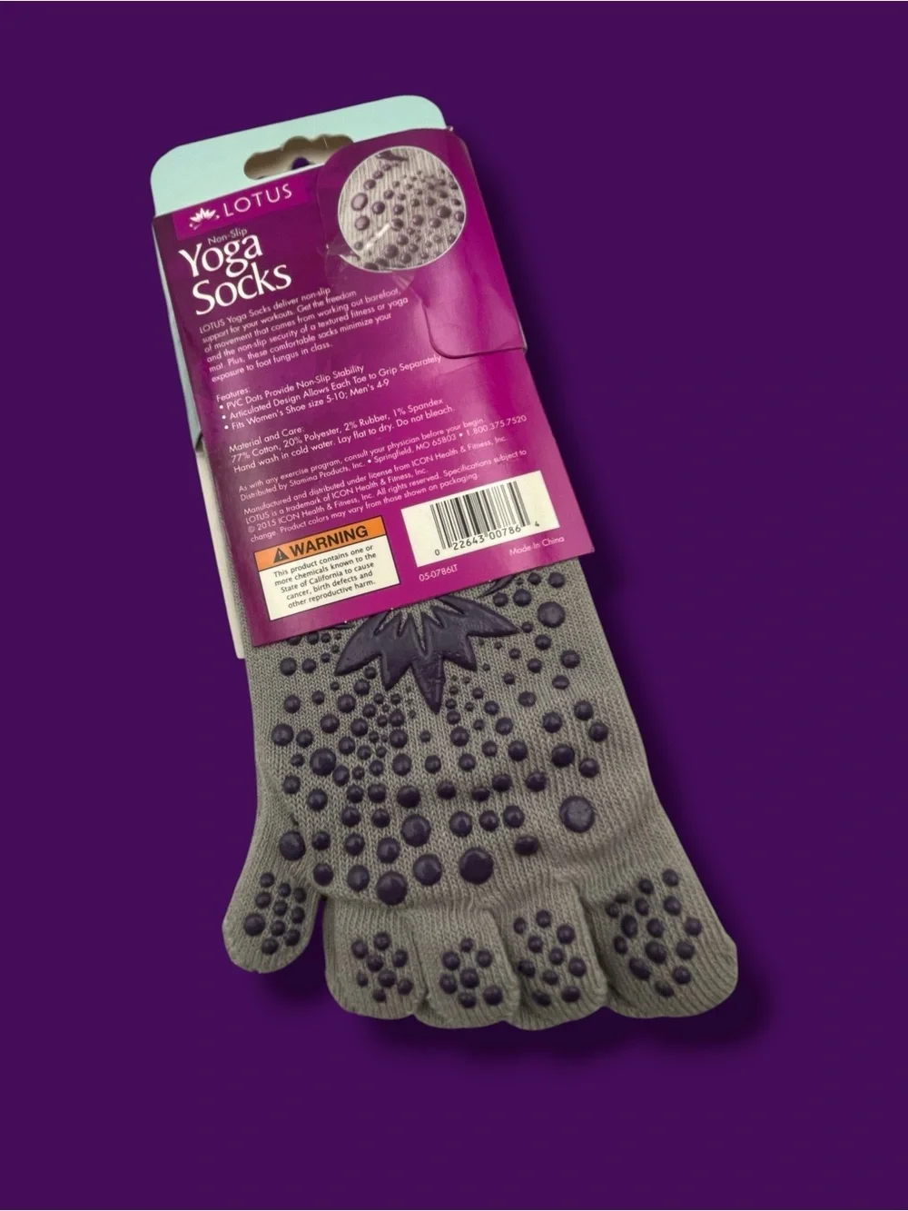 Lotus Womens Gray with Purple Non-Slip Grips Yoga Socks Size 5-10